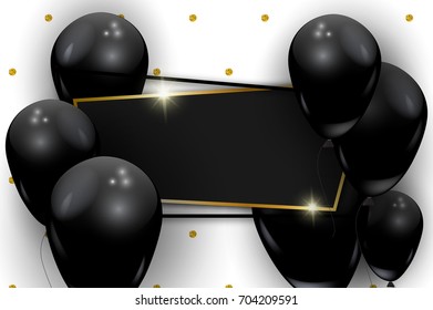 Beautiful black balloons randomly flying over sparkling gold frame, dots pattern. Party elegant vector white background with space for text. 