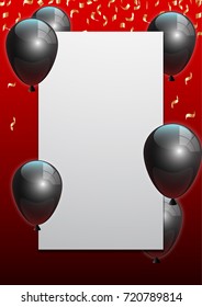 Beautiful black balloons randomly flying over white frame. Party elegant vector background with space for text. Vector white frame, confetti, ballons.