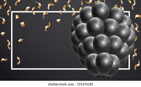 Beautiful black balloons randomly flying over white frame. Party elegant vector background with space for text. Vector white frame, confetti, ballons.