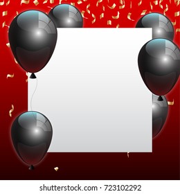 Beautiful black balloons randomly flying over white frame. Party elegant vector background with space for text. Vector white frame, confetti, ballons.