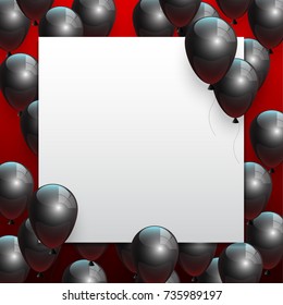 Beautiful black balloons randomly flying over white frame. Party elegant vector background with space for text. Vector white frame, confetti, ballons.