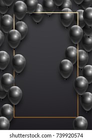 Beautiful black balloons randomly flying over gold frame. Party elegant vector background with space for text. Vector golden frame, confetti, ballons.