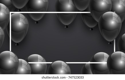 Beautiful black balloons randomly flying over gold frame. Party elegant vector background with space for text. Vector golden frame, confetti, ballons.