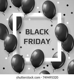 Beautiful black balloons randomly flying over frame. Party modern background with space for text, white frame, confetti and balloons. Vector illustration