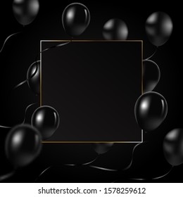 Beautiful black balloons vector randomly flying over gold frame. Party elegant vector background with space for text. Vector golden frame, confetti, balloons. Black Friday, celebration,