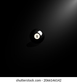 A beautiful black billiard ball on a black background with the number 8 on which the light falls from the top down. 10 EPS.