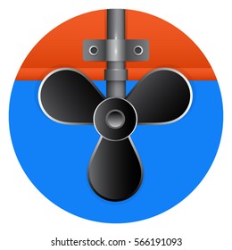 Beautiful black boat propeller on a round blue background.Concept image for rental boats. Repair of boats. Boat parts.