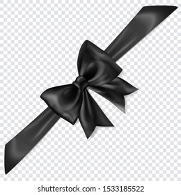 Beautiful black bow with diagonally ribbon with shadow on transparent background