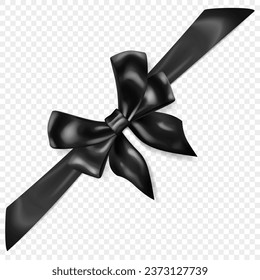 Beautiful black bow with diagonally ribbon with shadow, isolated on transparent background. Transparency only in vector format