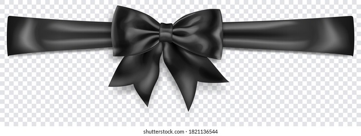 Beautiful black bow with horizontal ribbon with shadow on transparent background. Transparency only in vector format