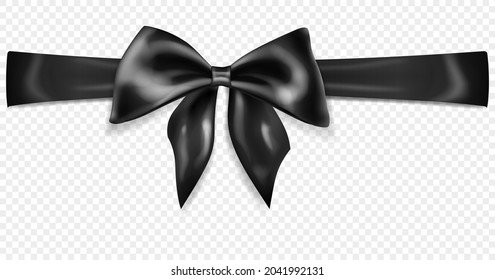 Beautiful black bow with horizontal ribbon with shadow, isolated on transparent background. Transparency only in vector format