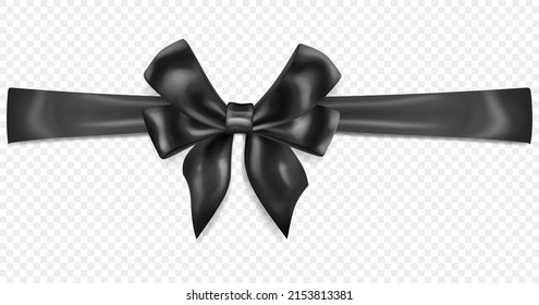 Beautiful black bow with horizontal ribbon with shadow, isolated on transparent background. Transparency only in vector format