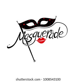 Beautiful black carnival mask with red hearts red lips and the inscription Masquerade. Logo design for the party. Vector template.