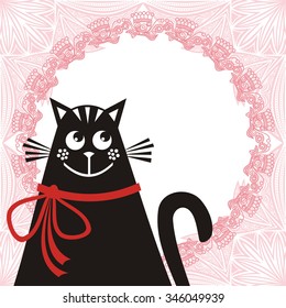 Beautiful black cat and floral nature pattern frame vector illustration