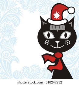 Beautiful black cat in hat of Santa and pattern winter background. Happy new year card. Vector illustration.