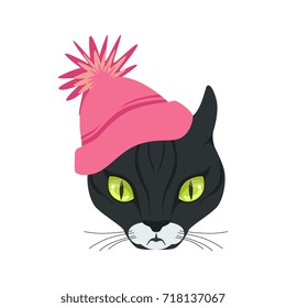 Beautiful black cat head in pink knitted hat, cartoon animal character vector illustration