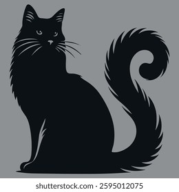 Beautiful black cat silhouette showcasing an elegant pose with a distinct curled tail on a gray background. This simple and charming design portrays mystery, grace, and the enigma associated