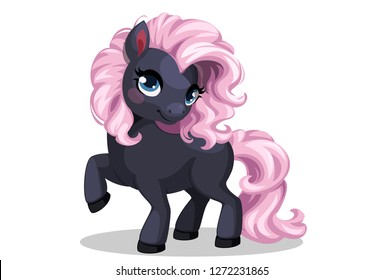 Beautiful black colored little pony with light pink colored hairstyle in standing position vector illustration
