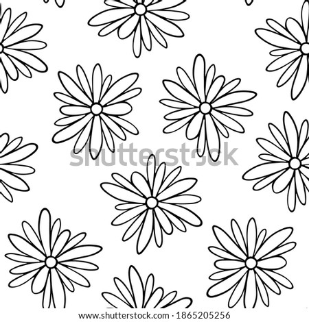 Beautiful black contour sketch of chamomile flowers isolated on white background. Cute monochrome floral seamless pattern. Vector flat graphic hand drawn illustration. Texture.