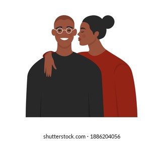 Beautiful black couple in love. Young woman kissing a smiling man on his cheek. Romantic relationship concept. Isolated flat vector illustration with male and female characters for Valentine’s day