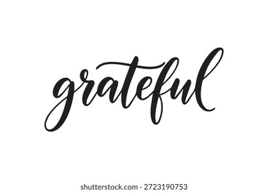 Hermosa palabra cursiva de escritura negra agradecida centrada en un fondo blanco limpio, diseño elegante y simple