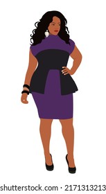 Beautiful black curvy business woman wearing dress and high hells shoes. Young girl with long dark hair. Plus size attractive model. Body positive concept. Cartoon style fashion vector illustration.