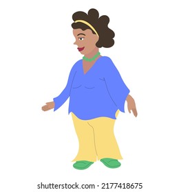 Beautiful black curvy woman wearing blue blouse. Body positive vector illustration