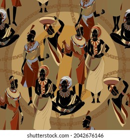 Beautiful black females. People of South Africa. Tradition and culture. African women in national clothes seamless pattern. Ethnic art