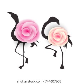 Beautiful, black flamingo birds silhouettes with paper cut out (cutout) origami pink roses bodies. Vector illustration, 3d effect. Abstract exotic, floral birds set