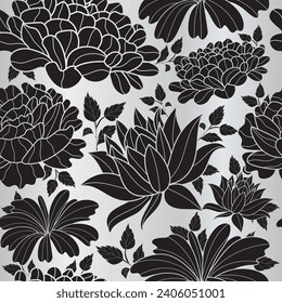 Beautiful black flowers vector seamless pattern. hand drawn leaves and silver background. for fabric, wallpaper, prints.