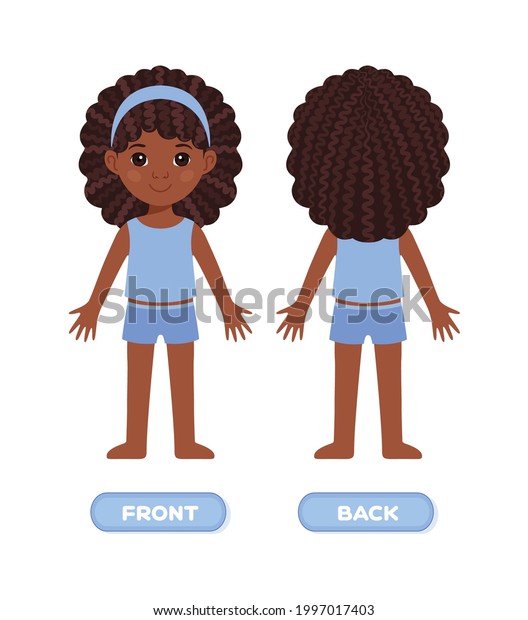 Beautiful  Black Girl with Afro Curls. Isolated\
Child is standing in front and back view. Pretty Girl in pajamas,\
shorts, a tshirt. Learning for children with words. Flat Cartoon\
Color style. Vector.