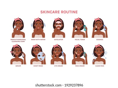 
A Beautiful Black Girl With A Bow On Her Head, Washes Her Face, Applies Cream, Serum, Sponge. African American Woman Taking Care Of The Skin. Cartoon Color Flat Style. White Background. Vector.