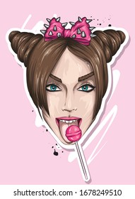 Beautiful black girl with buns and bow on her head. Fashion and style, clothing and accessories. Vector illustration for postcard or poster, print. Candy and a bow.