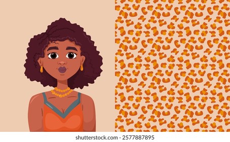 Beautiful black girl with curly hair on a beige background. Abstract modern leopard seamless pattern. Animals trendy background