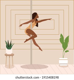 Beautiful black girl dancing on pylon. Elegant women sport.Love your body.Body positive concept.Flat cartoon character on dancing studio background.Colorful vector illustration
