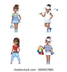 A beautiful black girl in different looks and clothes, at work and on vacation. Sweet fashionista. Vector set of girls stickers or avatars.