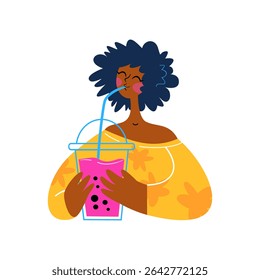 Beautiful black girl drinks bubble tea with pleasure. Vector hand drawn illustration.