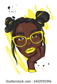 Beautiful black girl in glasses with buns on her head. Fashion and style, clothing and accessories. Summer. Sea and rest. Vector illustration for postcard or poster, print for clothing and accessories