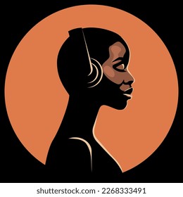 Beautiful Black Girl with Headphones in profile. Vector illustration