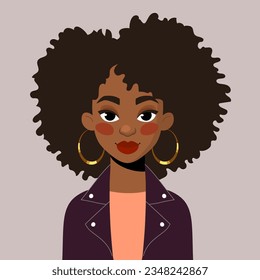 Beautiful black girl in a leather jacket, vector flat design