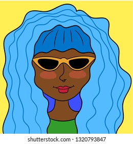 Beautiful black girl with long blue hair and sunglasses on yellowe background
