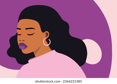 bella chica negra, pelo largo, afro, labios completos, ojos cerrados, inspirador, diseño plano, minimalista, fondo abstracto