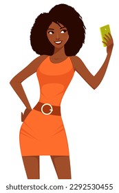 Beautiful black girl posing and taking selfie. Vain young woman taking photo with her cell phone. Cartoon character. Isolated on white. Lifestyle illustration. Vector eps file.