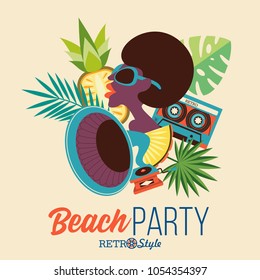 Beautiful black girl with sunglasses.  Retro gramophone, tape cassette, tropical leaves, pineapple. Beach party in retro style. Vector illustration.
