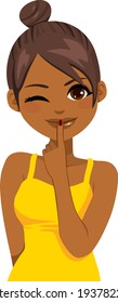 Beautiful black girl touching lips with finger and winking eye showing mischievous expression