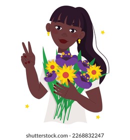 Beautiful black girl (woman) holds a bouquet of flowers in her hands. Brunette with bangs.