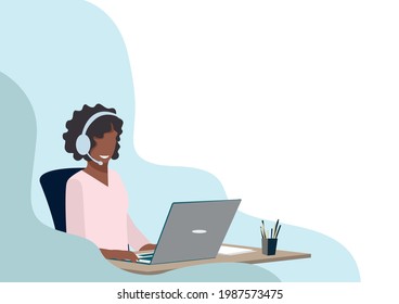 Beautiful black girl work at the call center. Business support and online sales. Vector horizontal illustration on an abstract background.