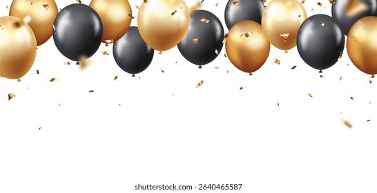 Beautiful black and gold balloons with confetti for invitation cards, banner 