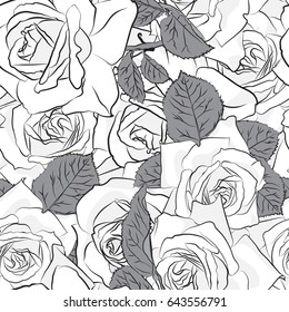 Beautiful black, gray and white rose flower, seamless pattern. Botanical hand drawn silhouette. Flat stylization color. Vector illustration.
