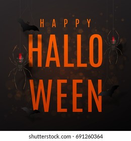Beautiful black greeting card for halloween. Festive background with realistic spiders on spider web. Vector illustration with paper bats.